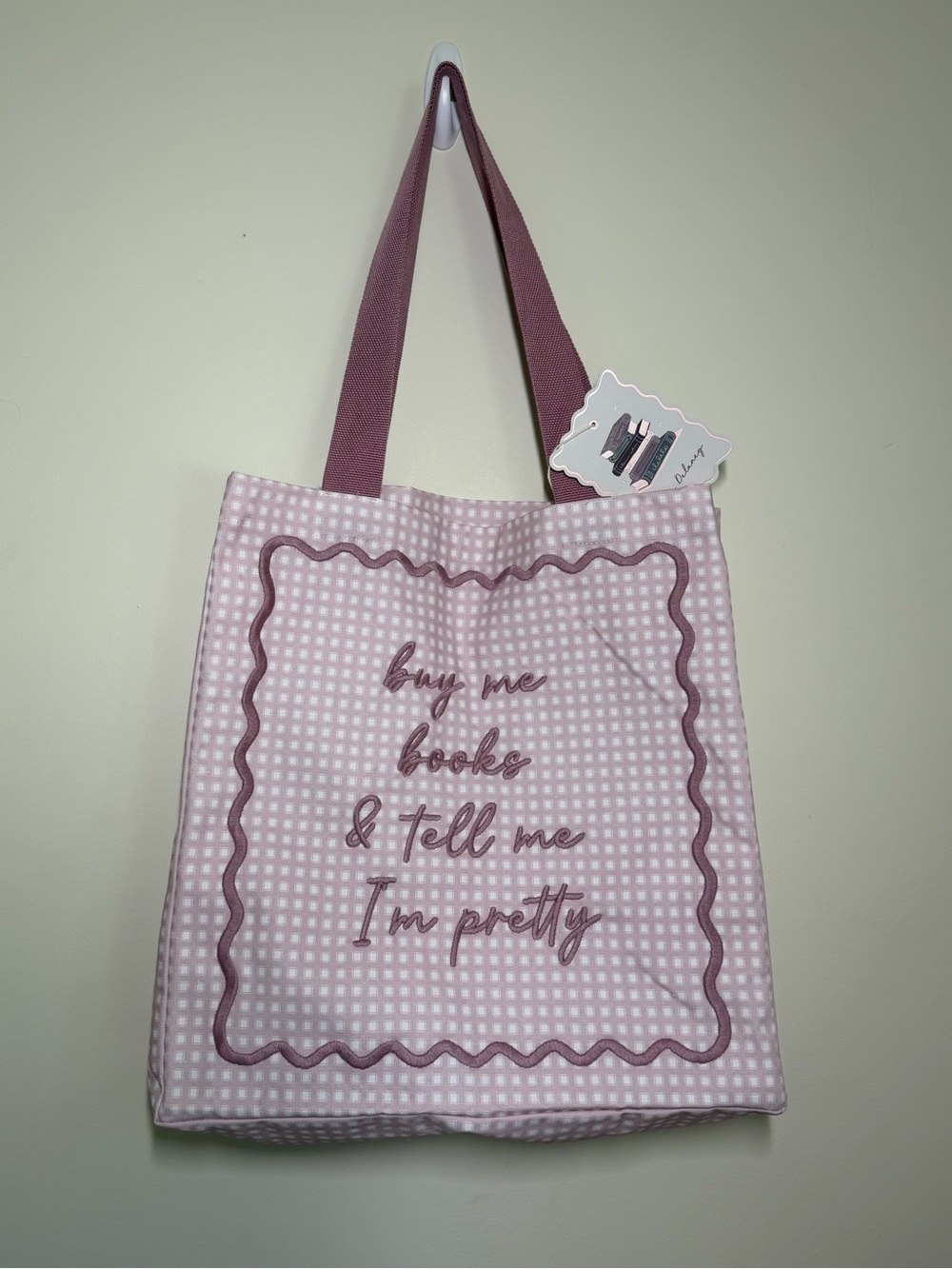 “Buy Me Books & Tell me I’m Pretty” Pink Gingham Embroidered Canvas Tote Bag